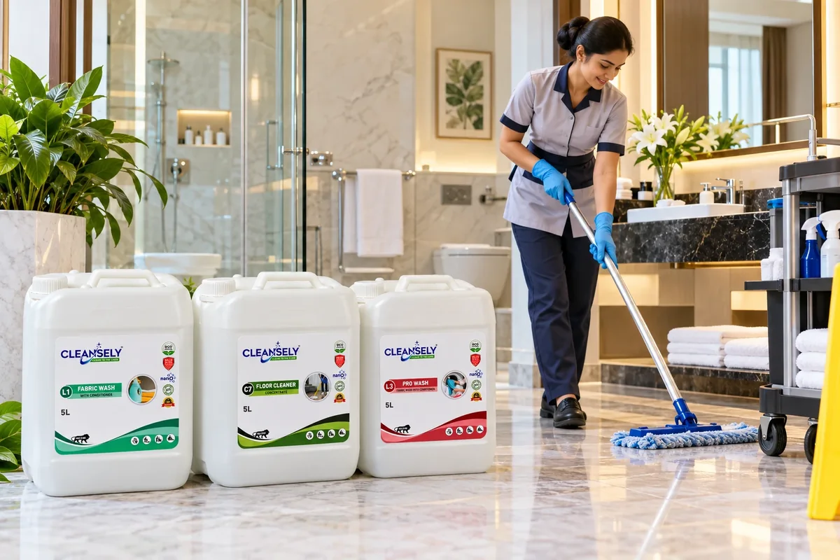 Hotel housekeeper mopping a bathroom floor with Cleansely products
