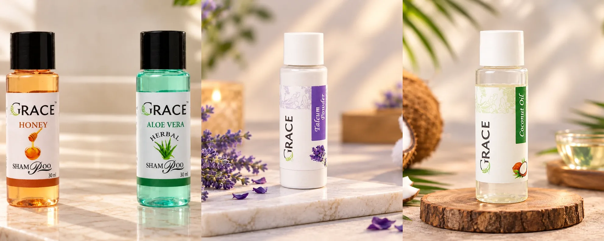 Grace Amenities hotel shampoo, talcum powder and coconut hair oil bottles