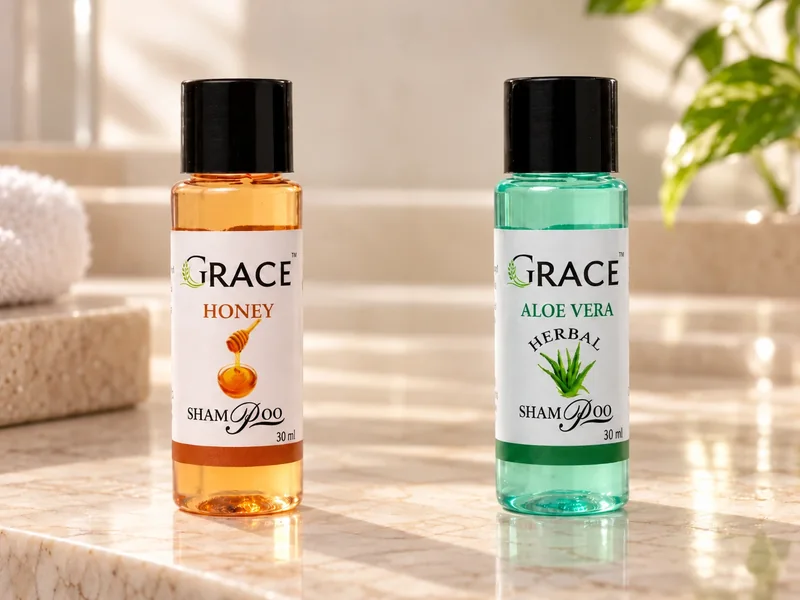 Grace Honey and Aloe Vera herbal shampoo bottles for hotels