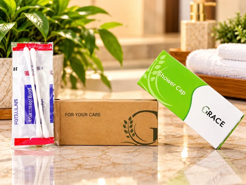 Grace vanity kit with cotton buds and shower cap boxes