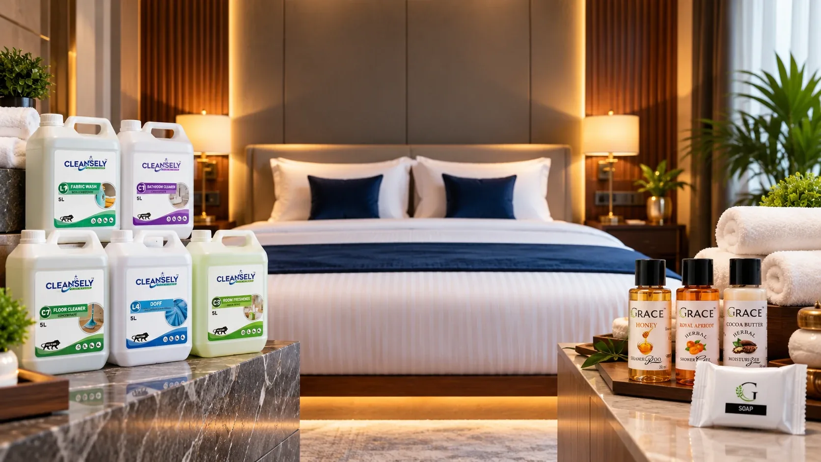 Hotel room with Grace Amenities toiletries and soap placed on the bedside table
